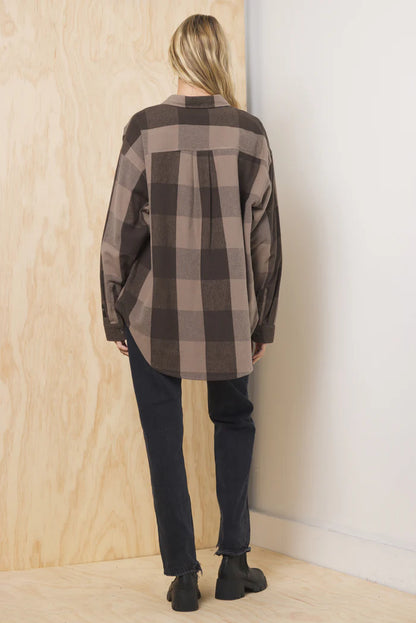 Oversized plaid flannel button-down shirt, back view, brown-and-tan plaid, long sleeves.