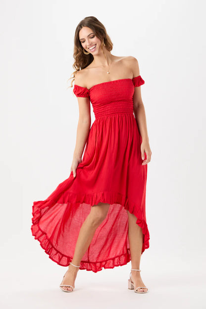 Red off-shoulder maxi dress with ruffled sleeves and tiered skirt