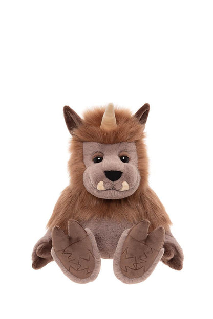 Plush toy resembling a quarry creature with brown fur and a horn on a white background