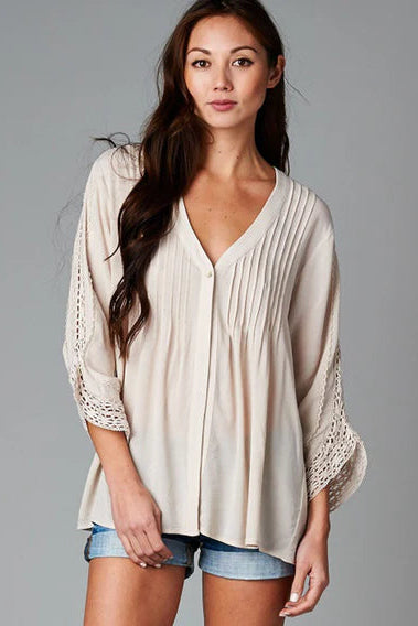 Button down lace sleeve top in champagne front view