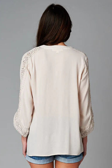 Button down lace sleeve top in champagne back  view