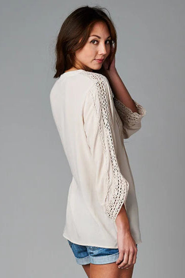 Button down lace sleeve top in champagne side view