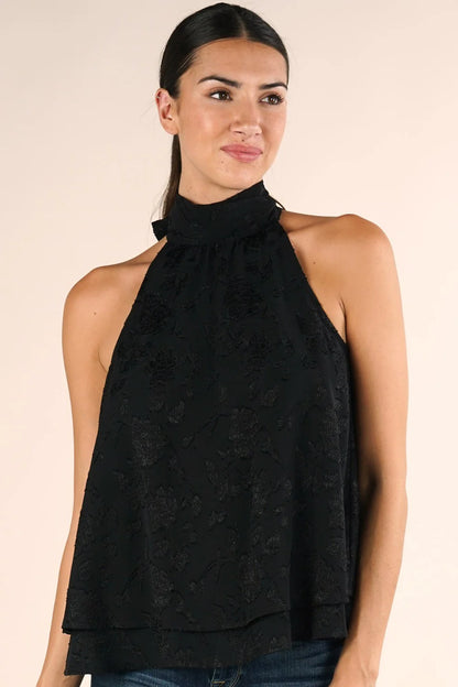 Jacquard chiffon halter blouse in black front view