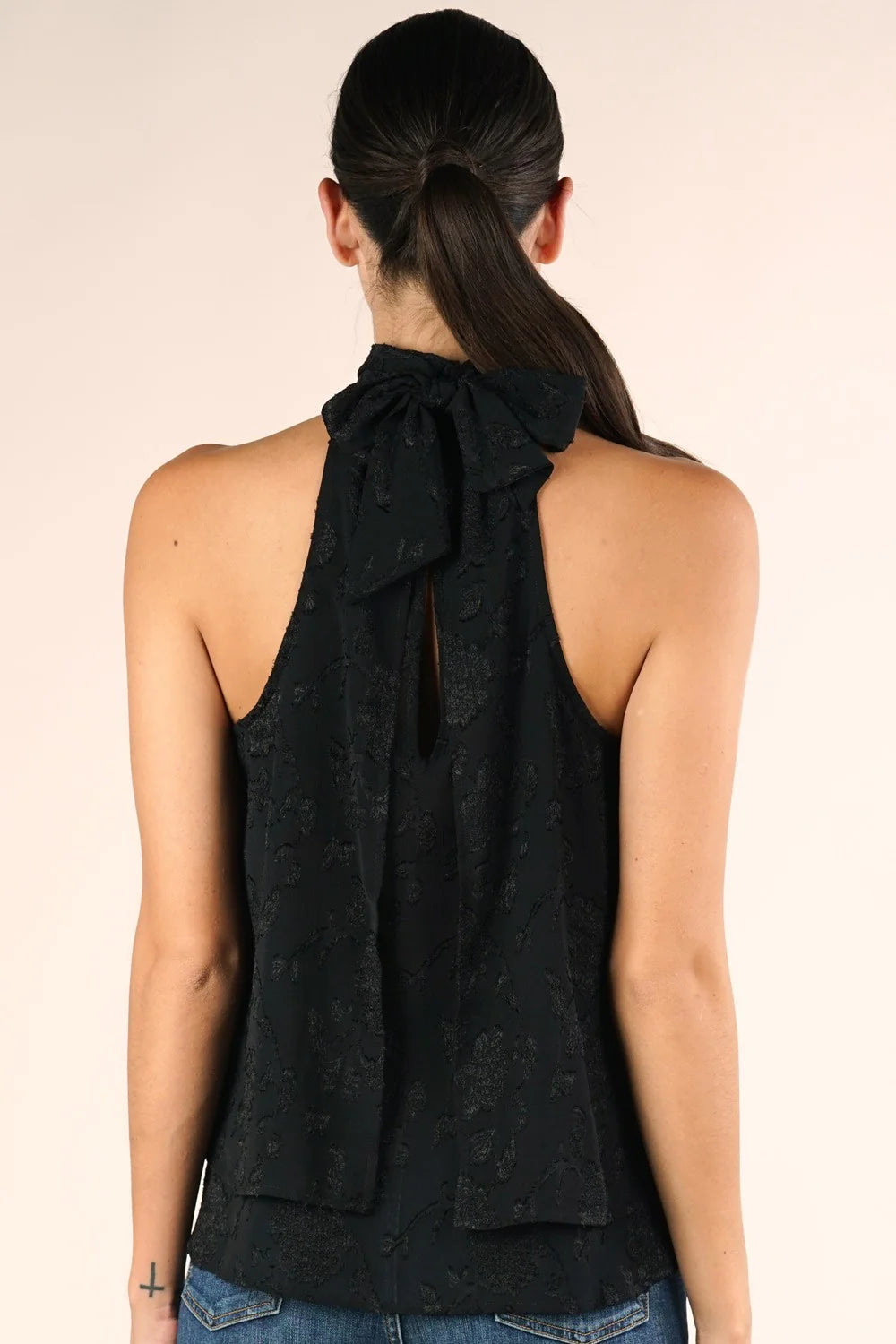 Jacquard chiffon halter blouse in black back view