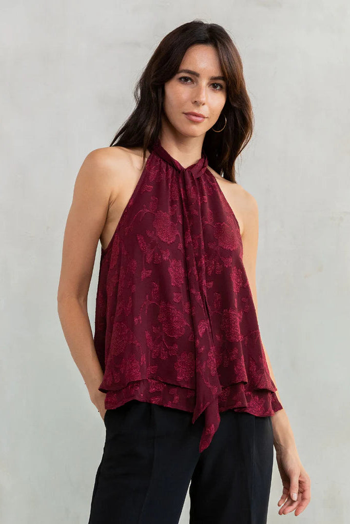 Jacquard chiffon halter blouse in burgundy front view