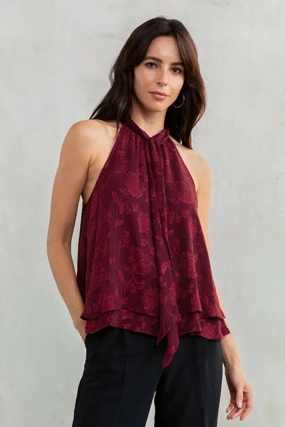 Jacquard chiffon halter blouse in burgundy front view