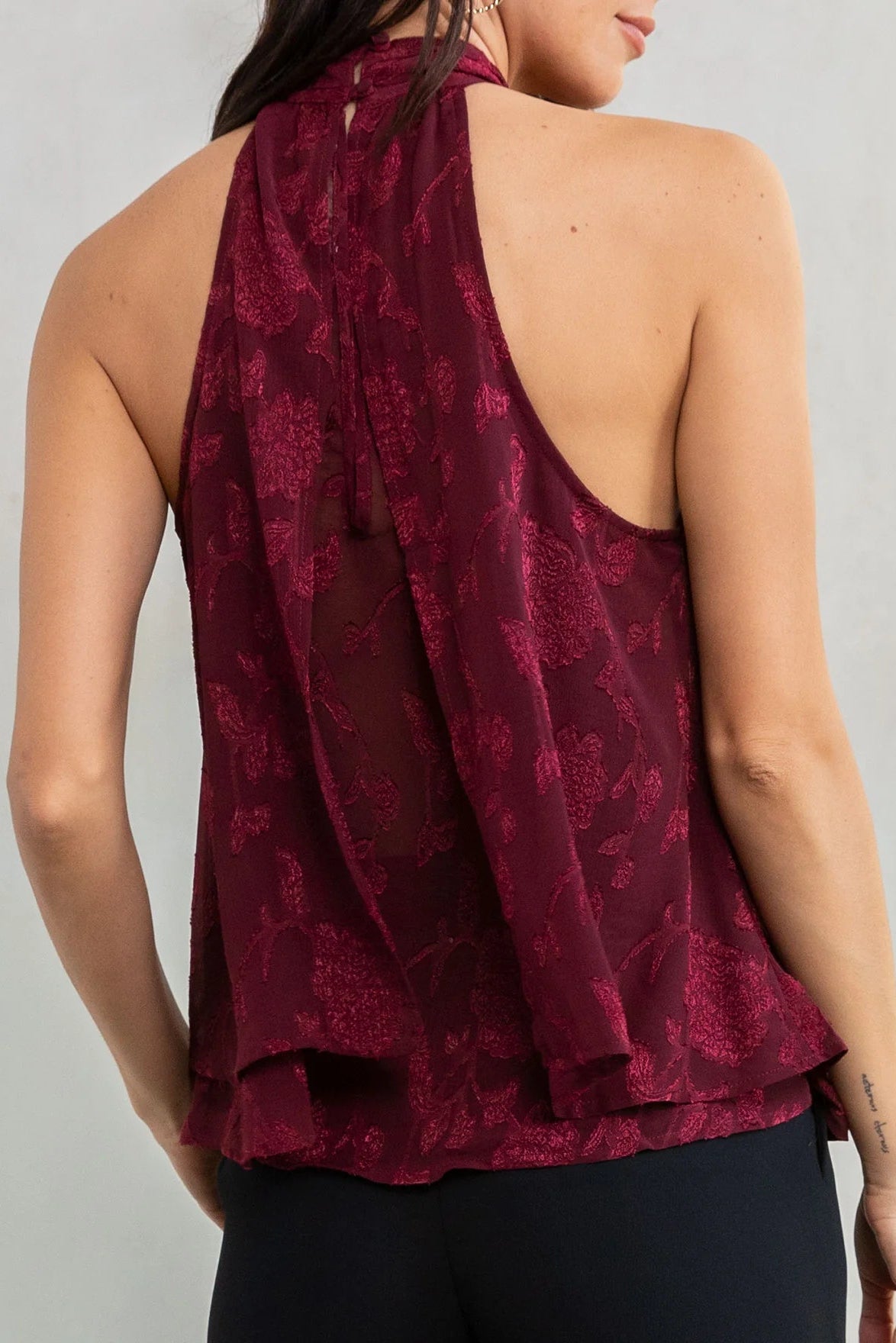 Jacquard chiffon halter blouse in burgundy back view