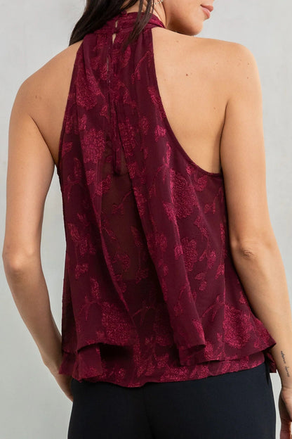 Jacquard chiffon halter blouse in burgundy back view