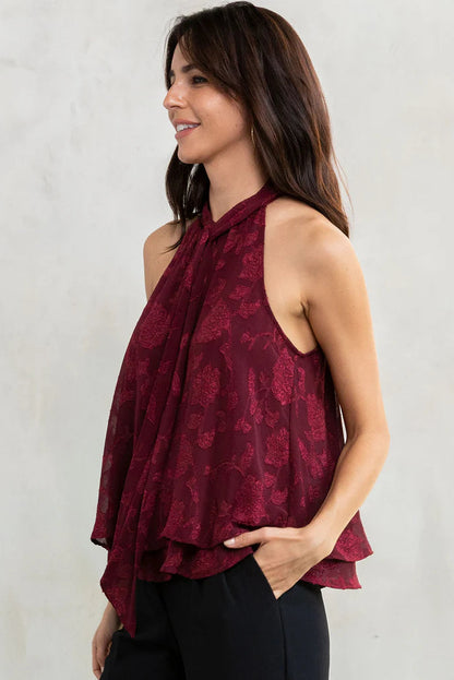 Jacquard chiffon halter blouse in burgundy side view