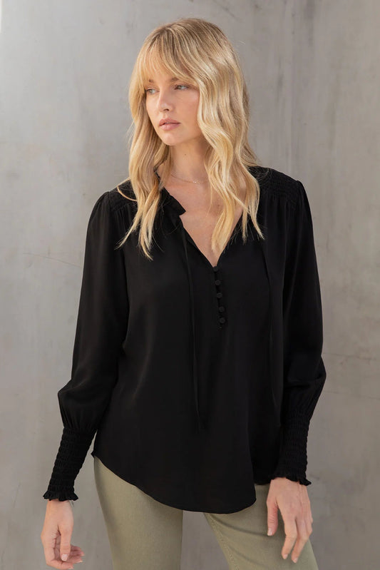 Silky crepe long-sleeve blouse in black, V-neck button front, gathered cuffs