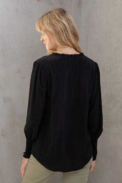 Crepe long-sleeve blouse, black back view with elastic neckline and sleeve cuffs