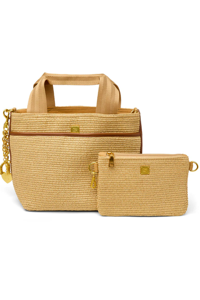 Tan raffia tote with top handle, front zipper, detachable pouch, and chain heart charm