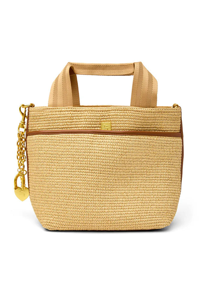 Tan raffia tote with top handle, front zipper, chain heart charm and structured body