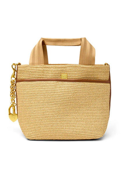 Tan raffia tote with top handle, front zipper, chain heart charm and structured body