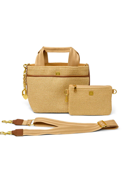Tan raffia tote with crossbody strap, detachable small pouch, zip top and heart charm