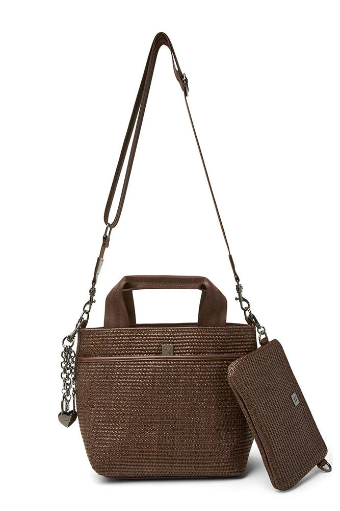 Brown raffia tote with long shoulder strap, chain and heart charm, plus attached pouch