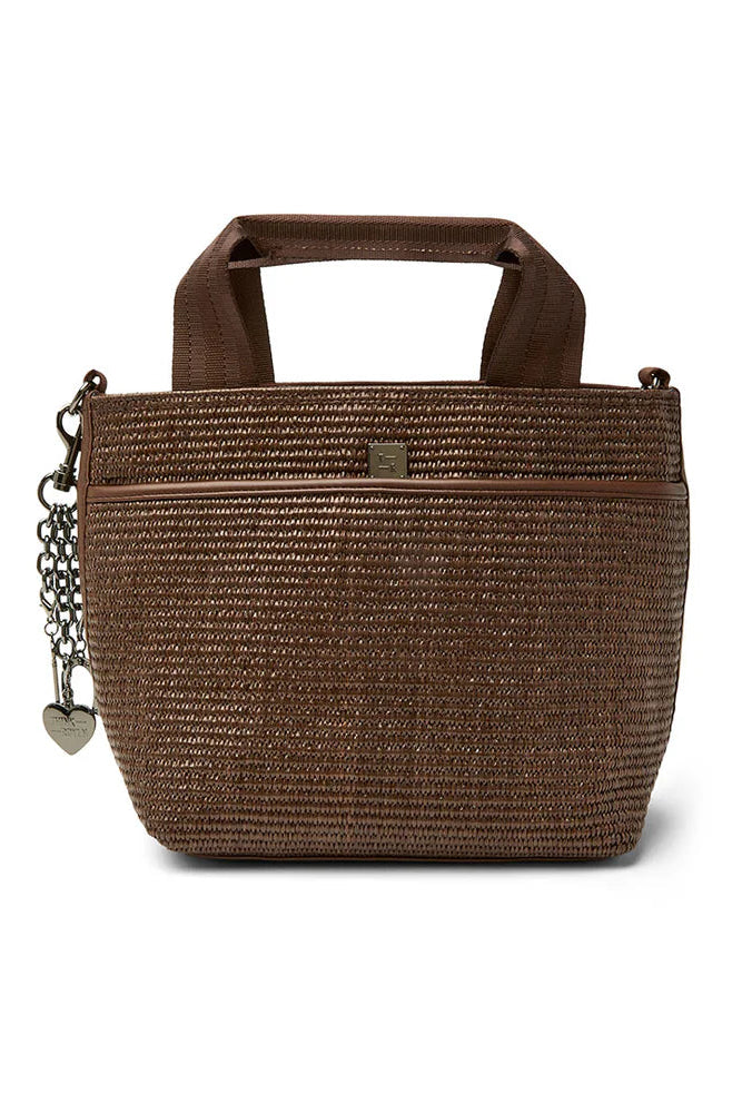 Brown raffia tote with top handle, front zipper, heart charm, chain shoulder strap