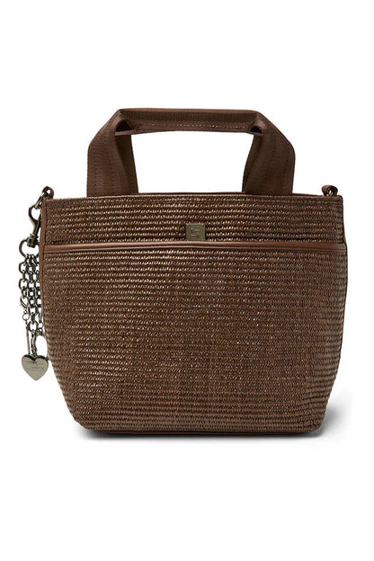 Brown raffia tote with top handle, front zipper, heart charm, chain shoulder strap