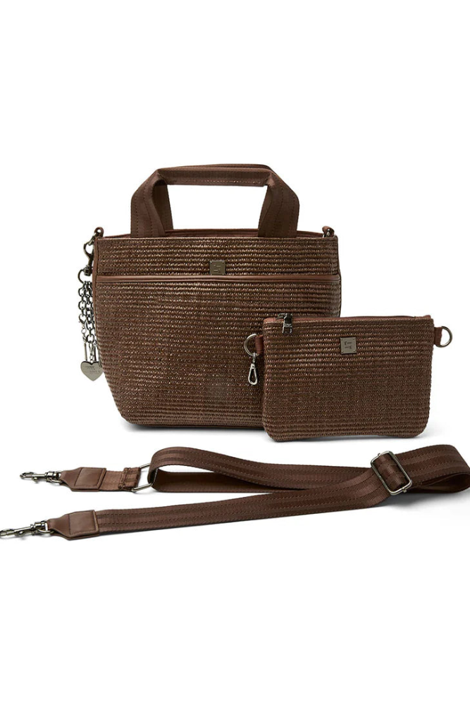 Brown raffia tote with zip top, detachable small pouch, crossbody strap and chain charm