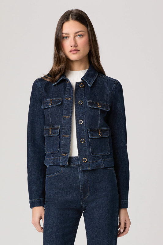 LYDIA jacket dark indigo denim, snap-button front, four flap patch pockets