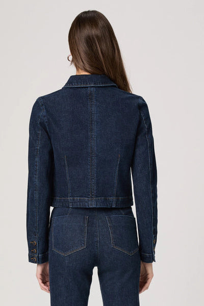 LYDIA jacket back view in dark denim with center seam and cropped length