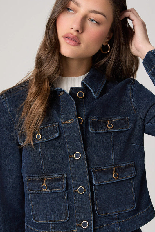 LYDIA jacket dark denim with flap patch pockets, gold-tone snap buttons, close-up