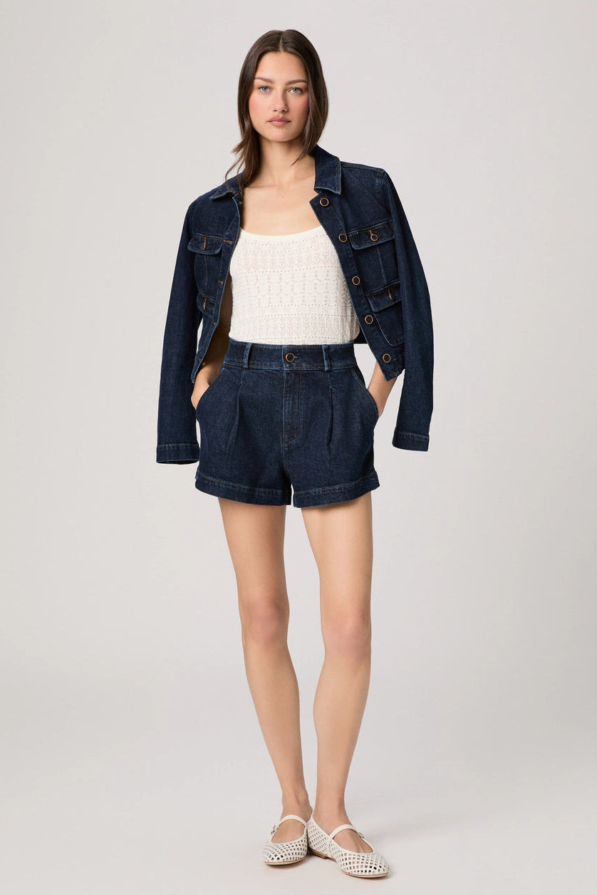 Dark denim short with button waist, pleated front and front pockets
