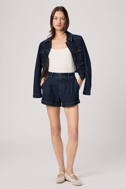 Dark denim short with button waist, pleated front and front pockets