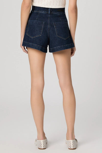 Dark denim shorts with patch pockets and stitched waistband