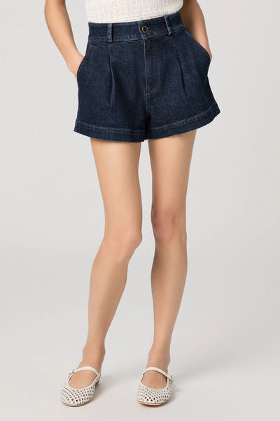 Dark denim button-front shorts with belt loops and pleated legs
