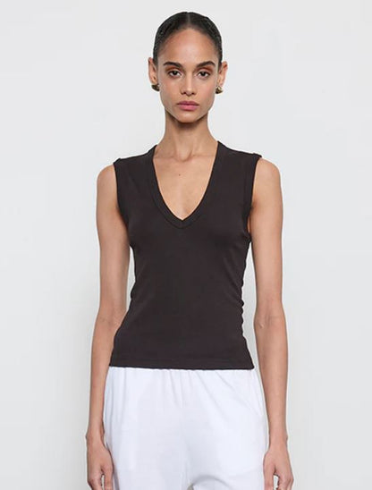 Supima classic sleeveless vneck tee in black front view