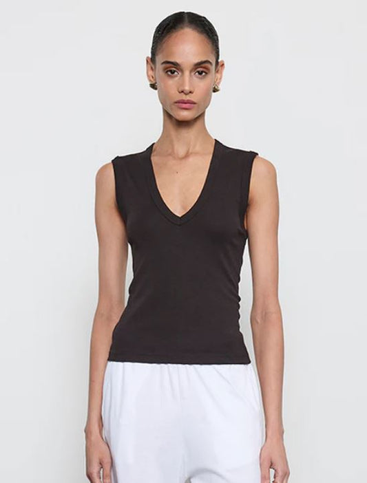 Supima classic sleeveless vneck tee in black front view