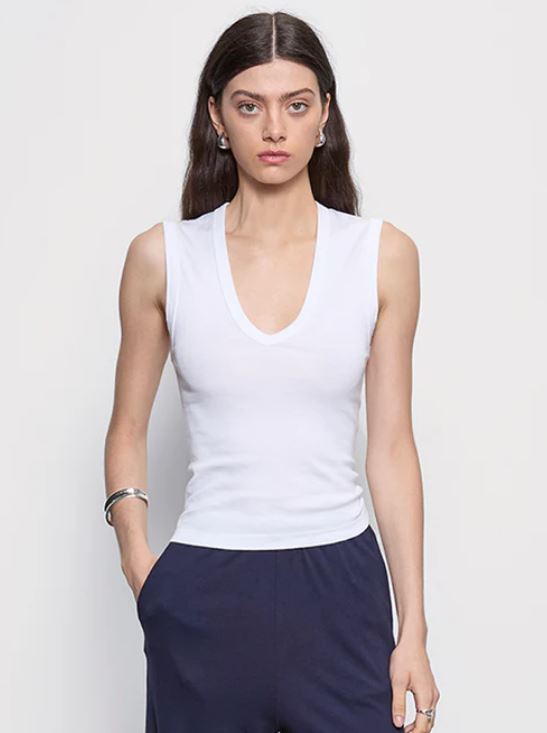 Supima classic sleeveless vneck tee in white front view