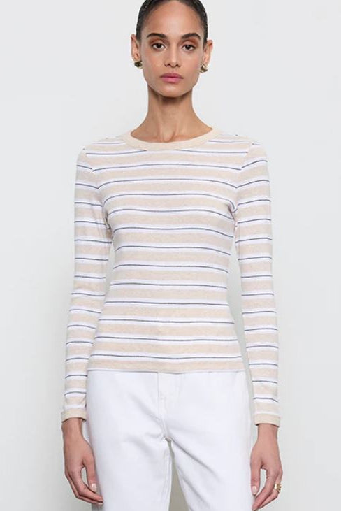 Stripe classic long sleeve tee in white wheat front view