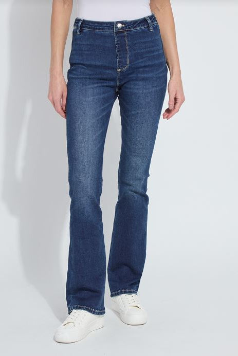 Dark blue flare denim jeans with button waist and front pockets