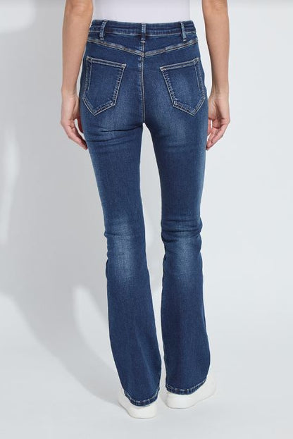 Dark blue flare denim jeans, back pockets and stitched waistband