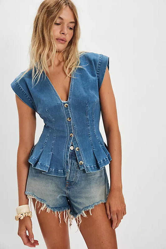 Dylan denim vest in medium blue front view