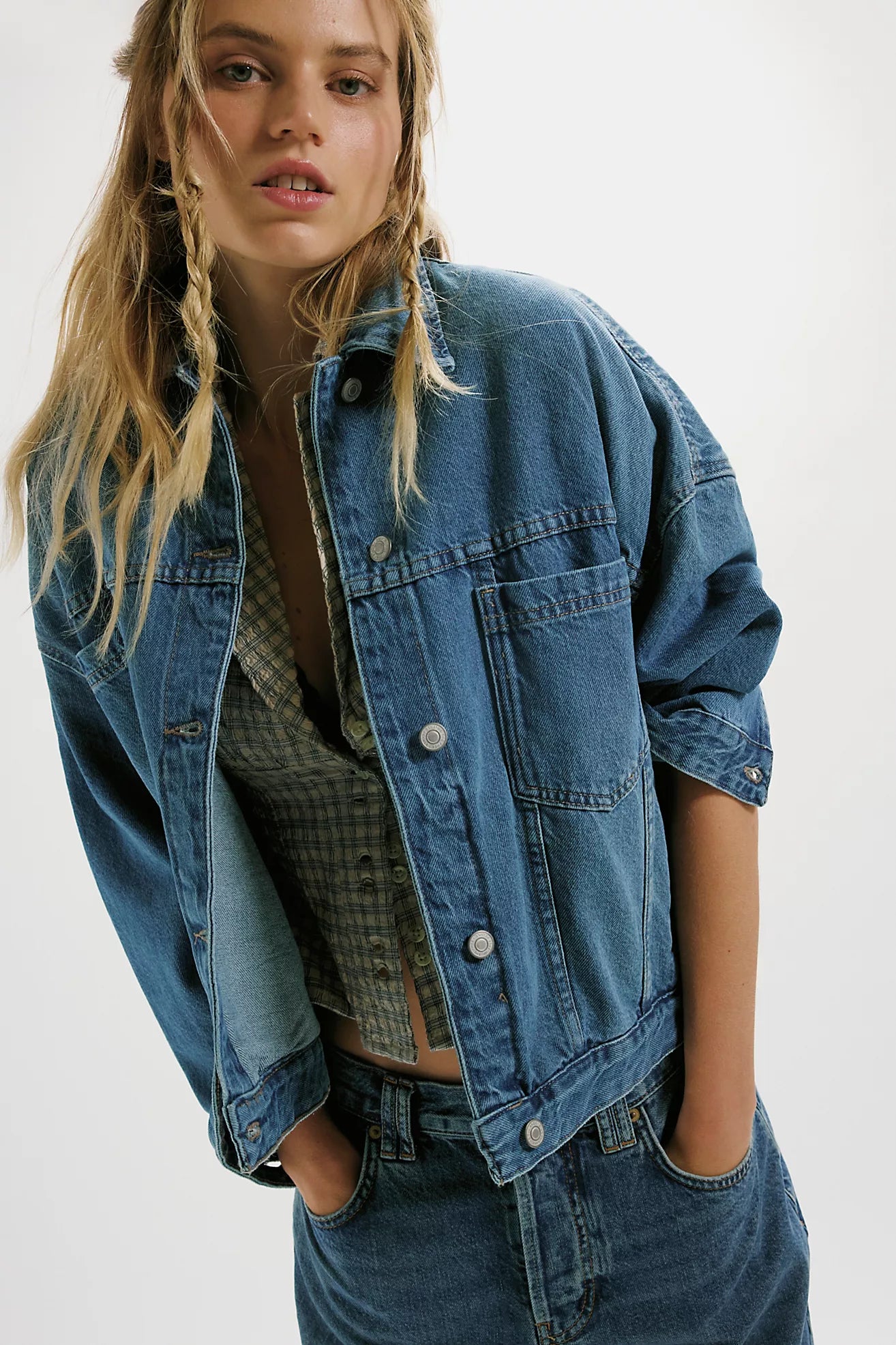 OPAL SWING DENIM JACKET IN COWBOY ROMANCE FRONT VIEW