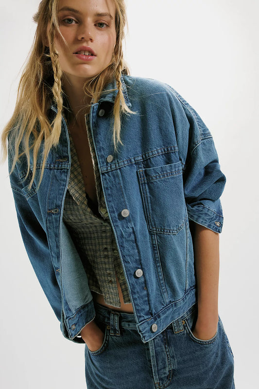 OPAL SWING DENIM JACKET IN COWBOY ROMANCE FRONT VIEW