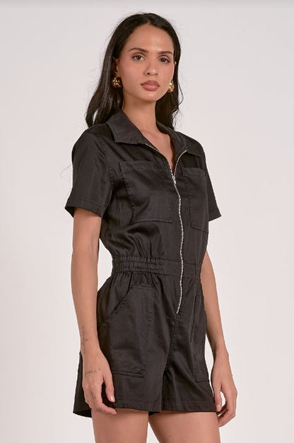 Short sleeve collared romper zip front in black front view