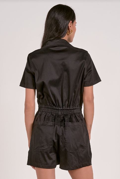 Short sleeve collared romper zip front in black back view