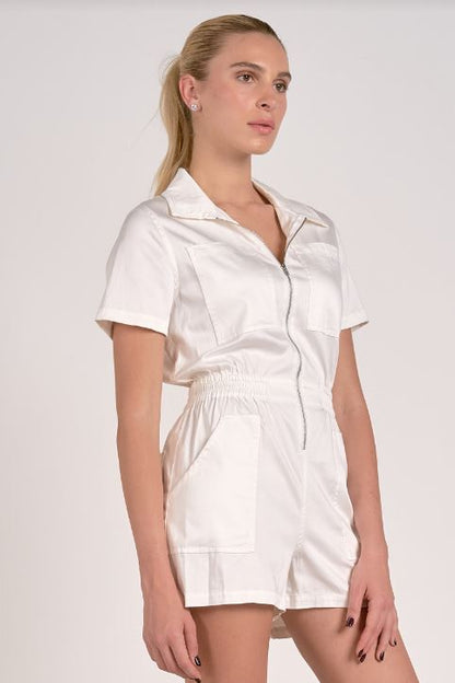 Short sleeve collared romper zip front in white front view