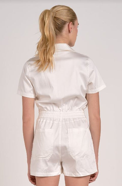 Short sleeve collared romper zip front in white back view