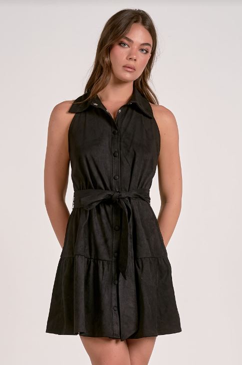 Mini halter buttondown dress in black front view
