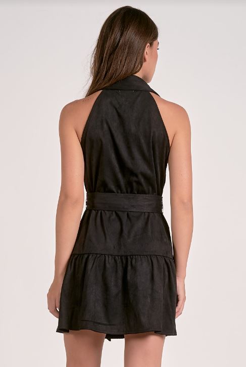 Mini halter buttondown dress in black back view