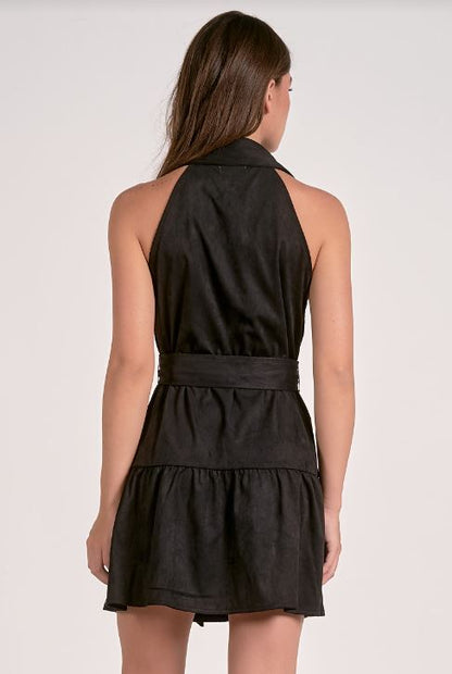 Mini halter buttondown dress in black back view