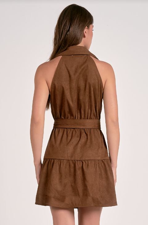 Mini halter buttondown dress in chocolate back view