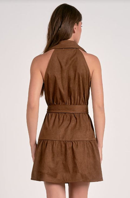 Mini halter buttondown dress in chocolate back view