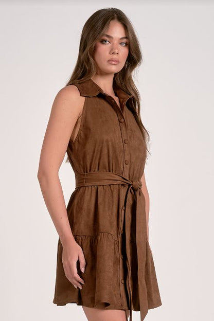 Mini halter buttondown dress in chocolate side view