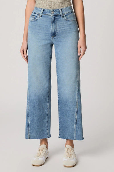 Light blue wide-leg jeans with front pockets, button fly, and raw hem